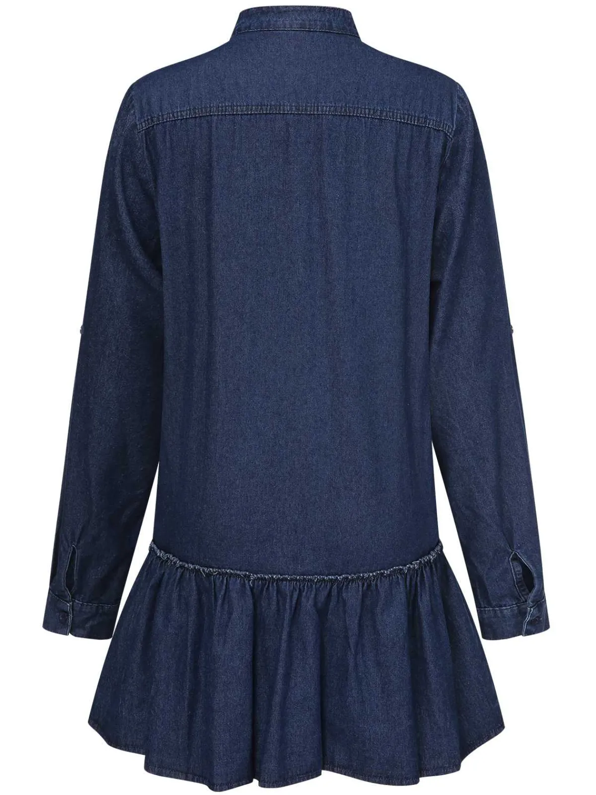 Discount Retro Stage 1940s Stand Collar Ruffle Hem Denim Dress Dark Blue