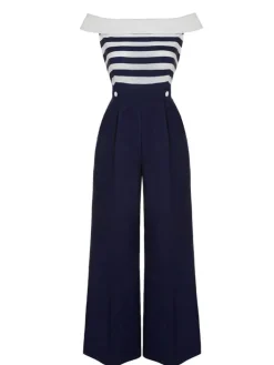 Discount Retro Stage Dark Blue 1930s Stripe Off-Shoulder Jumpsuit