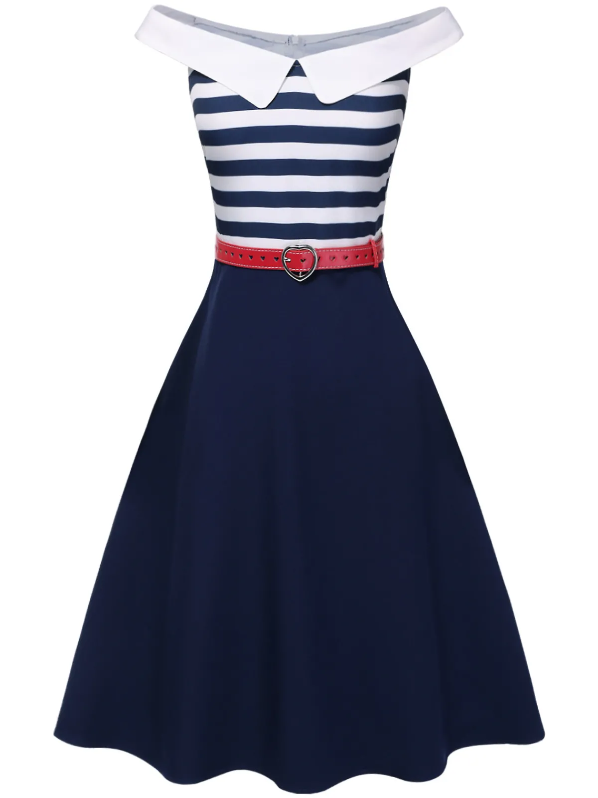 Outlet Retro Stage 1950s Striped Off-Shoulder Dress Dark Blue