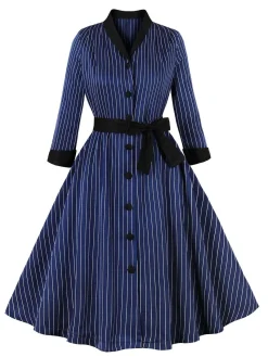 Online Retro Stage 1950s Striped Patchwork Belted Dress Dark Blue