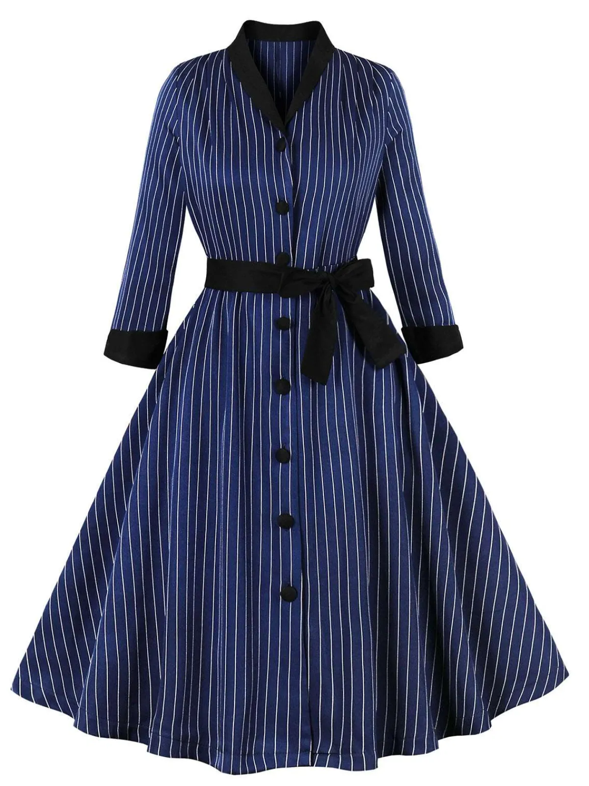 Online Retro Stage 1950s Striped Patchwork Belted Dress Dark Blue