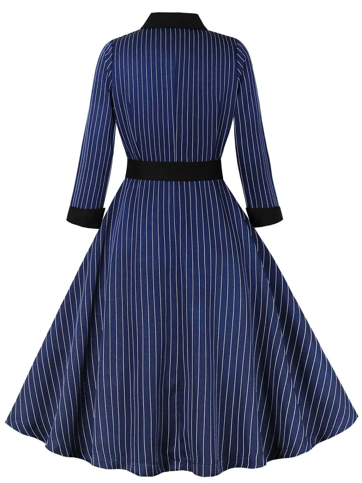 Online Retro Stage 1950s Striped Patchwork Belted Dress Dark Blue