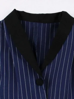 Online Retro Stage 1950s Striped Patchwork Belted Dress Dark Blue