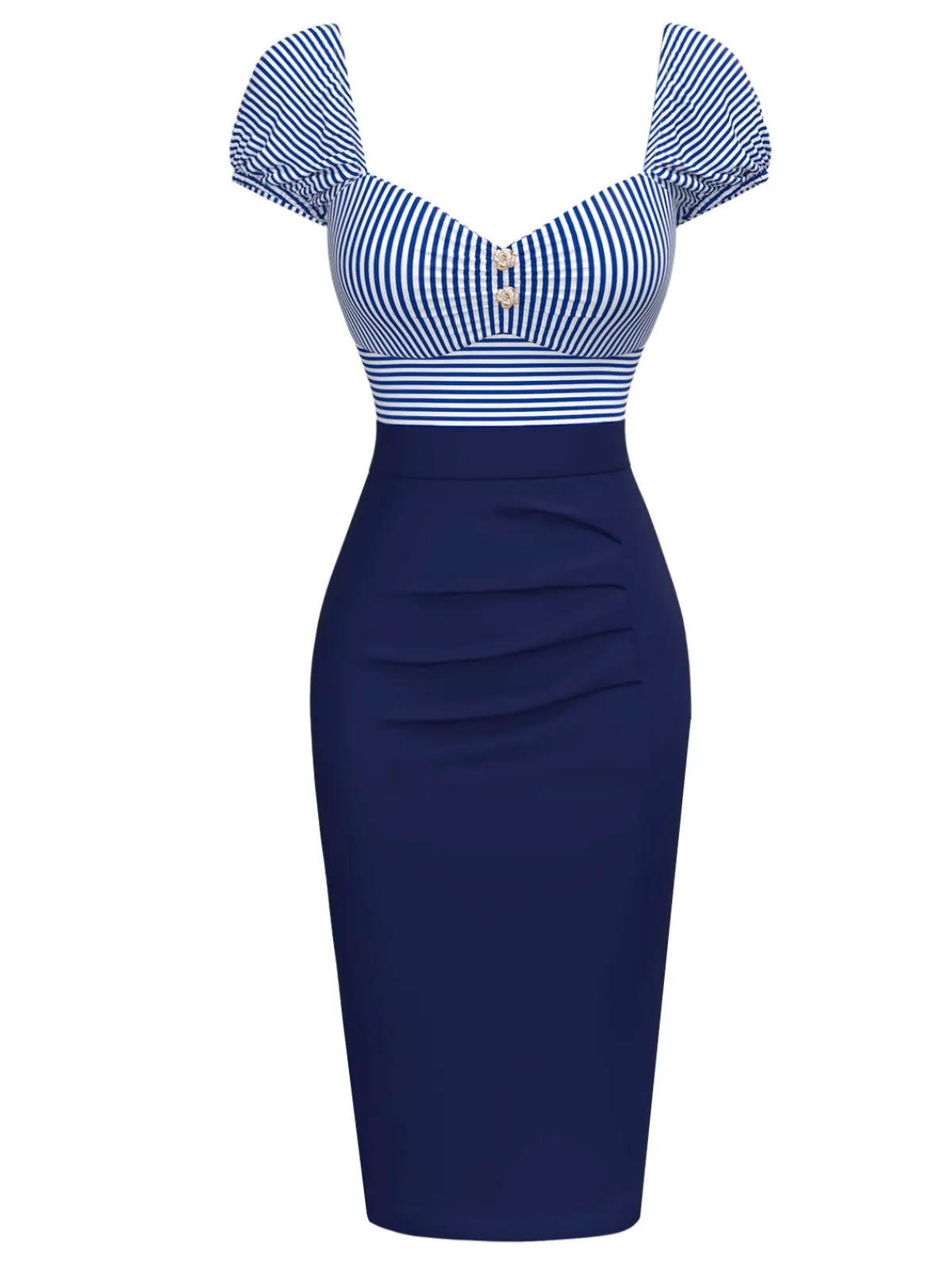 Clearance Retro Stage 1960s Striped Puff Sleeves Pencil Dress Dark Blue