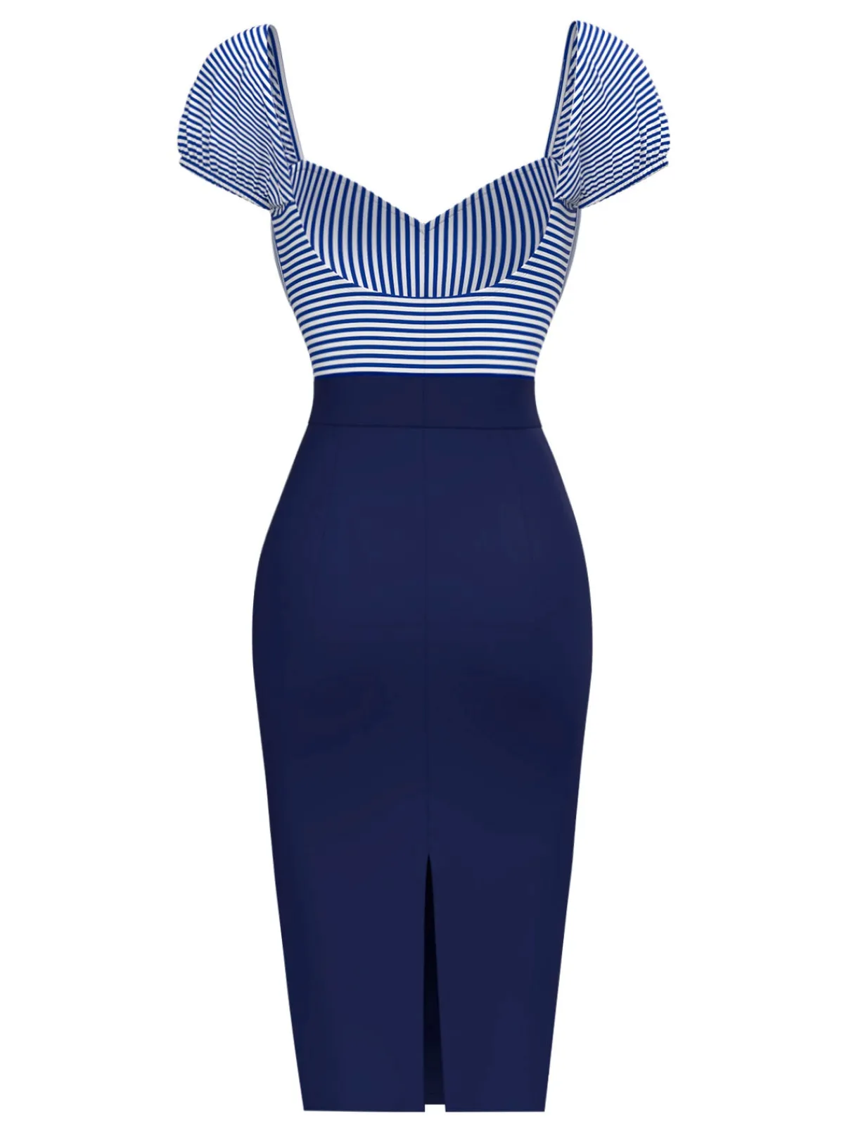 Clearance Retro Stage 1960s Striped Puff Sleeves Pencil Dress Dark Blue