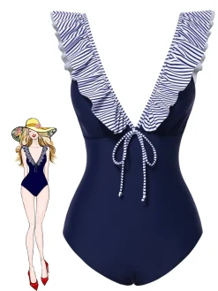 Best Retro Stage 1940s Striped Ruffled Swimsuit Dark Blue
