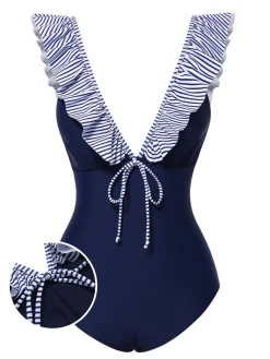 Best Retro Stage 1940s Striped Ruffled Swimsuit Dark Blue