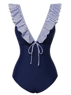 Best Retro Stage 1940s Striped Ruffled Swimsuit Dark Blue