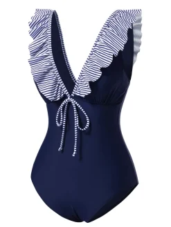 Best Retro Stage 1940s Striped Ruffled Swimsuit Dark Blue