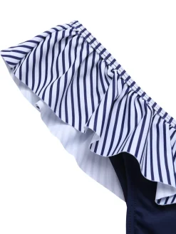 Best Retro Stage 1940s Striped Ruffled Swimsuit Dark Blue
