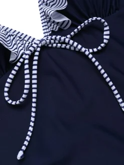 Best Retro Stage 1940s Striped Ruffled Swimsuit Dark Blue