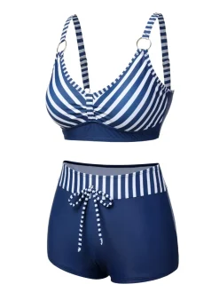 Hot Retro Stage 1940s Stripes Strap Drawstring Swimsuit Dark Blue