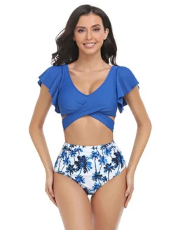 Online Retro Stage 1950s Tropical Print Ruffles Lace-Up Swimsuit Dark Blue