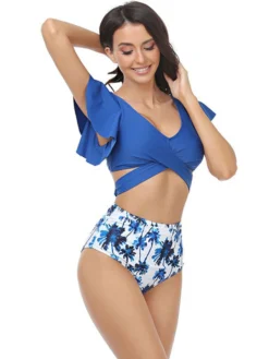 Online Retro Stage 1950s Tropical Print Ruffles Lace-Up Swimsuit Dark Blue