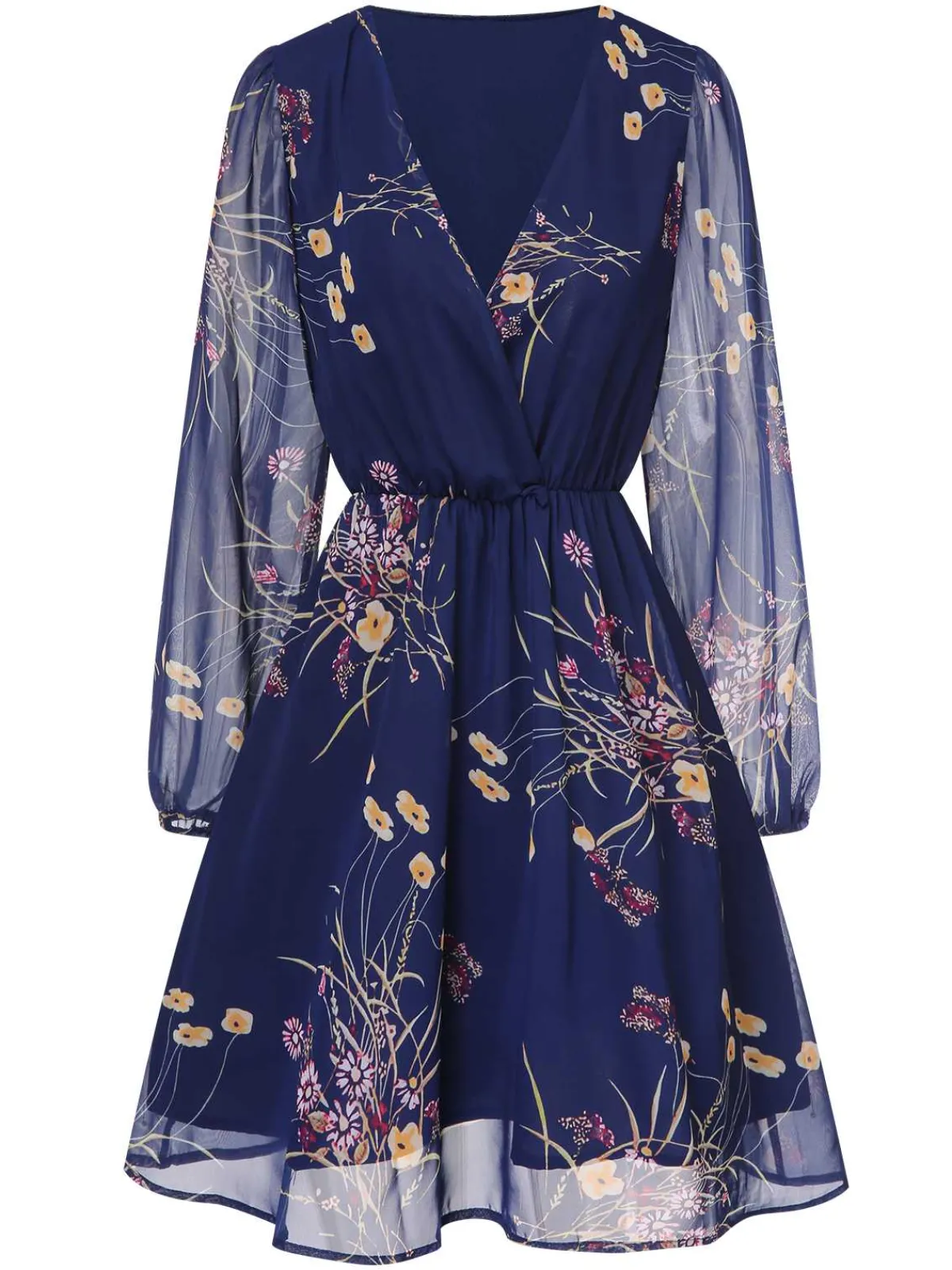 Outlet Retro Stage 1940s V-Neck Floral Puff Sleeve Dress Dark Blue