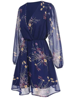 Outlet Retro Stage 1940s V-Neck Floral Puff Sleeve Dress Dark Blue