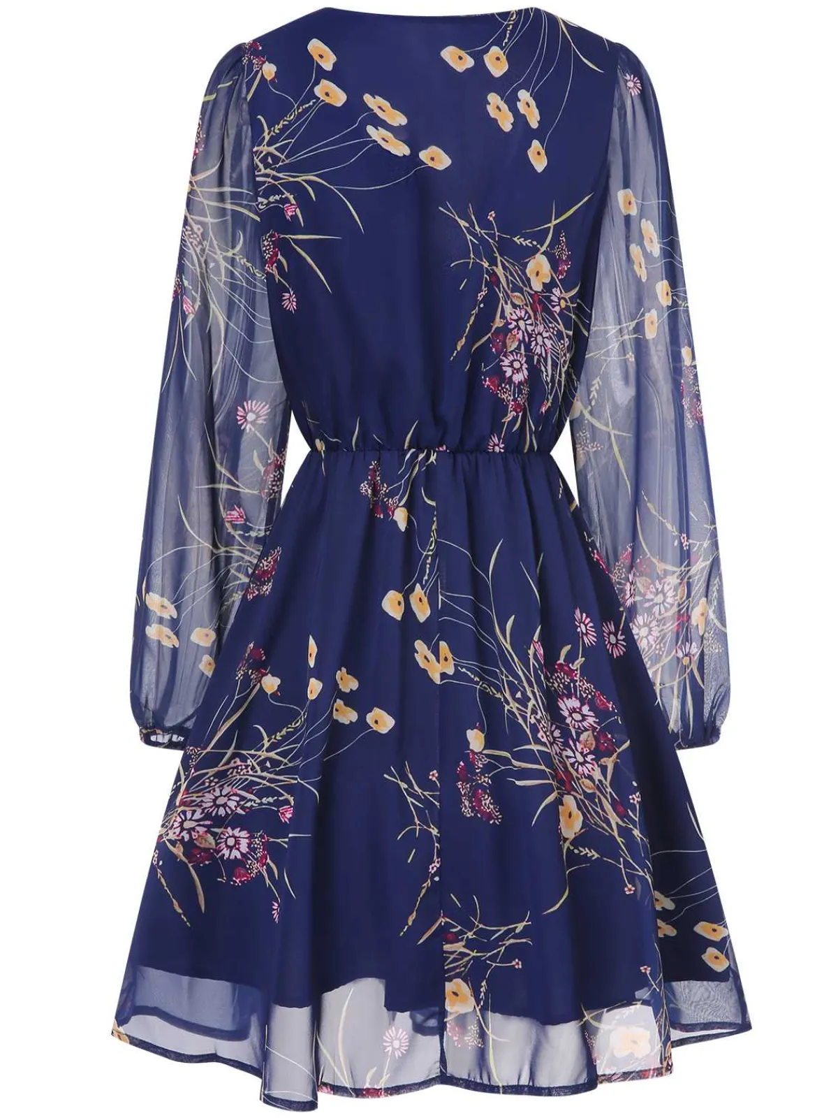 Outlet Retro Stage 1940s V-Neck Floral Puff Sleeve Dress Dark Blue