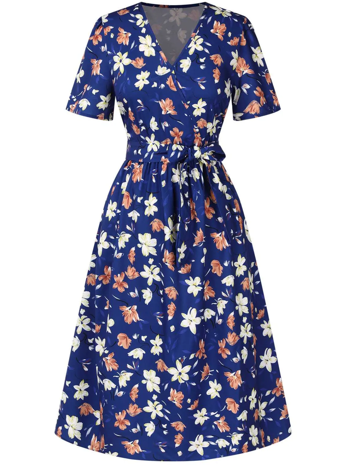 Clearance Retro Stage 1940s V-Neck Floral Dress Dark Blue