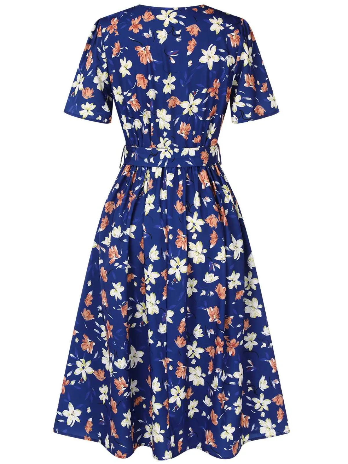 Clearance Retro Stage 1940s V-Neck Floral Dress Dark Blue