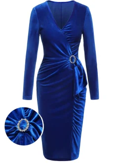 Sale Retro Stage 1960s V-Neck Pleated Velvet Dress Dark Blue