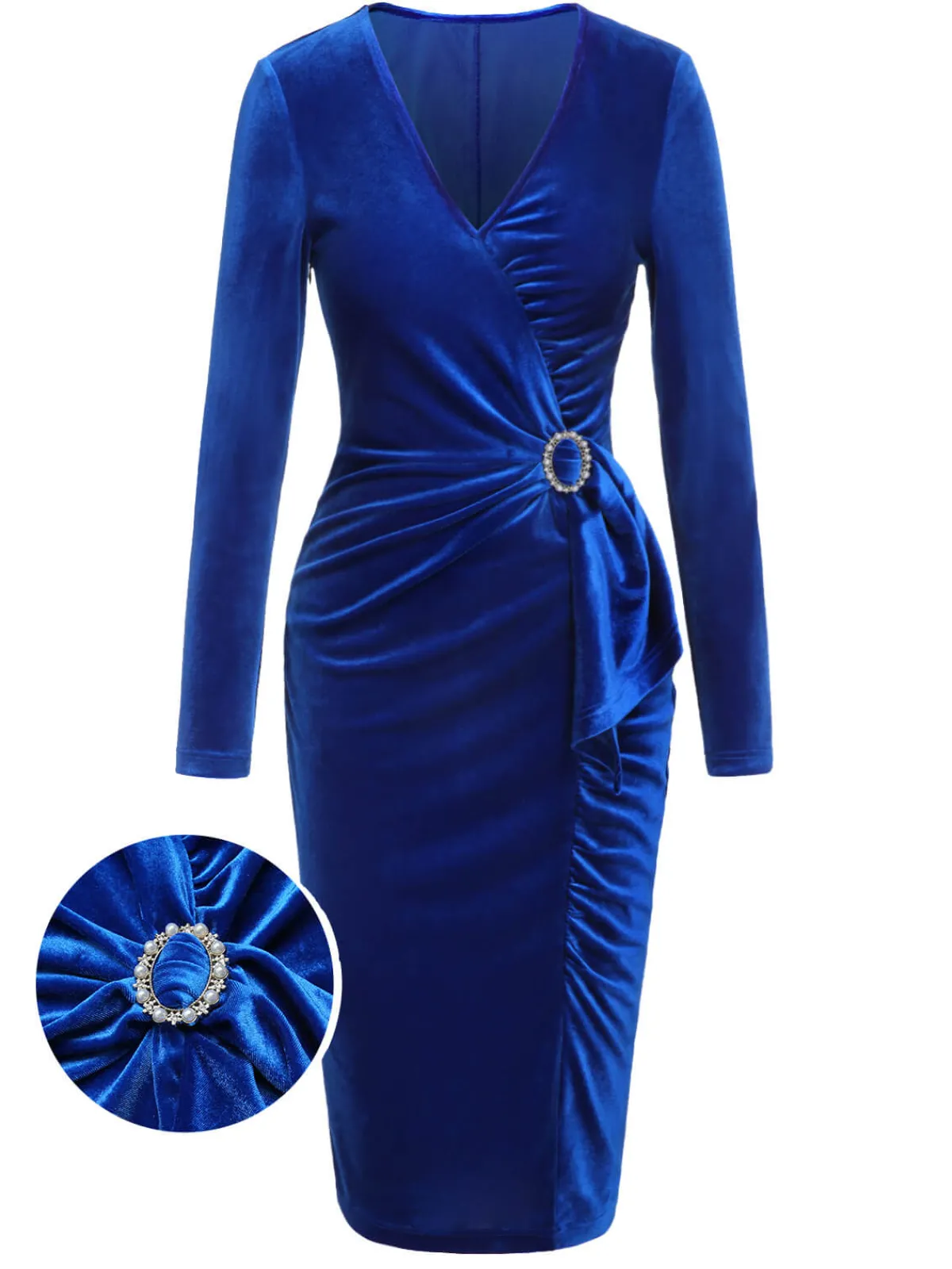 Sale Retro Stage 1960s V-Neck Pleated Velvet Dress Dark Blue