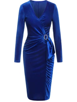 Sale Retro Stage 1960s V-Neck Pleated Velvet Dress Dark Blue