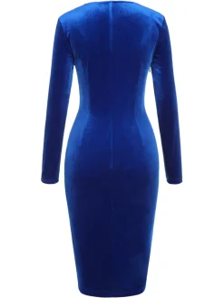 Sale Retro Stage 1960s V-Neck Pleated Velvet Dress Dark Blue