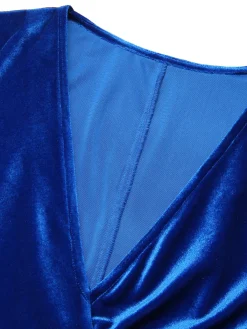 Sale Retro Stage 1960s V-Neck Pleated Velvet Dress Dark Blue