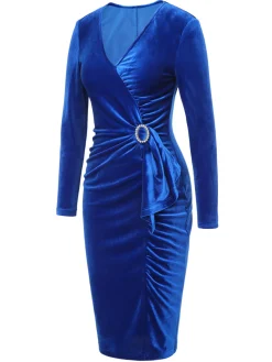 New Retro Stage 1960s V-Neck Pleated Velvet Dress Dark Blue