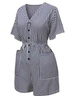 Outlet Retro Stage 1950s V-Neck Pockets Stripes Romper Dark Blue