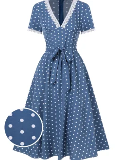 Hot Retro Stage 1930s V-Neck Polka Dots Belted Dress Dark Blue