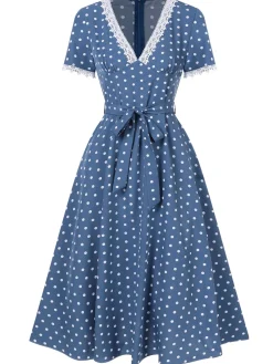 Hot Retro Stage 1930s V-Neck Polka Dots Belted Dress Dark Blue
