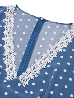 Hot Retro Stage 1930s V-Neck Polka Dots Belted Dress Dark Blue