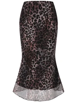 Best Retro Stage 1950s Leopard Mesh Mermaid Skirt Dark Brown