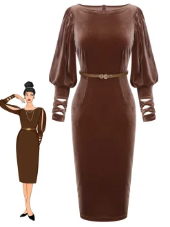 Discount Retro Stage 1960s Puff Sleeve Velvet Belted Dress Dark Brown