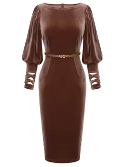 Discount Retro Stage 1960s Puff Sleeve Velvet Belted Dress Dark Brown