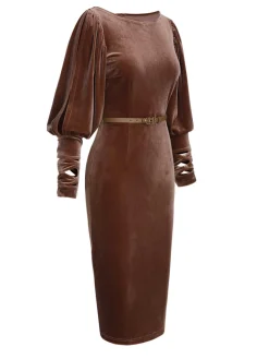 Discount Retro Stage 1960s Puff Sleeve Velvet Belted Dress Dark Brown
