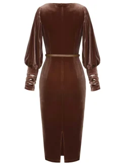Discount Retro Stage 1960s Puff Sleeve Velvet Belted Dress Dark Brown