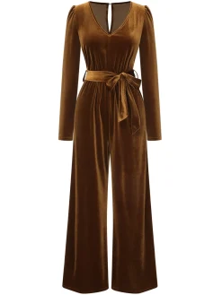 Discount Retro Stage 1930s Solid V-Neck Velvet Jumpsuit Dark Brown