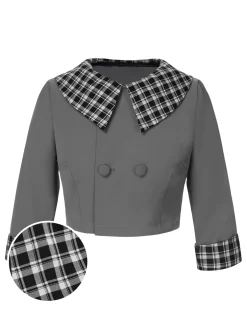 Sale Retro Stage 1950s Lapel Rolled Sleeve Plaid Short Coat Dark Gray