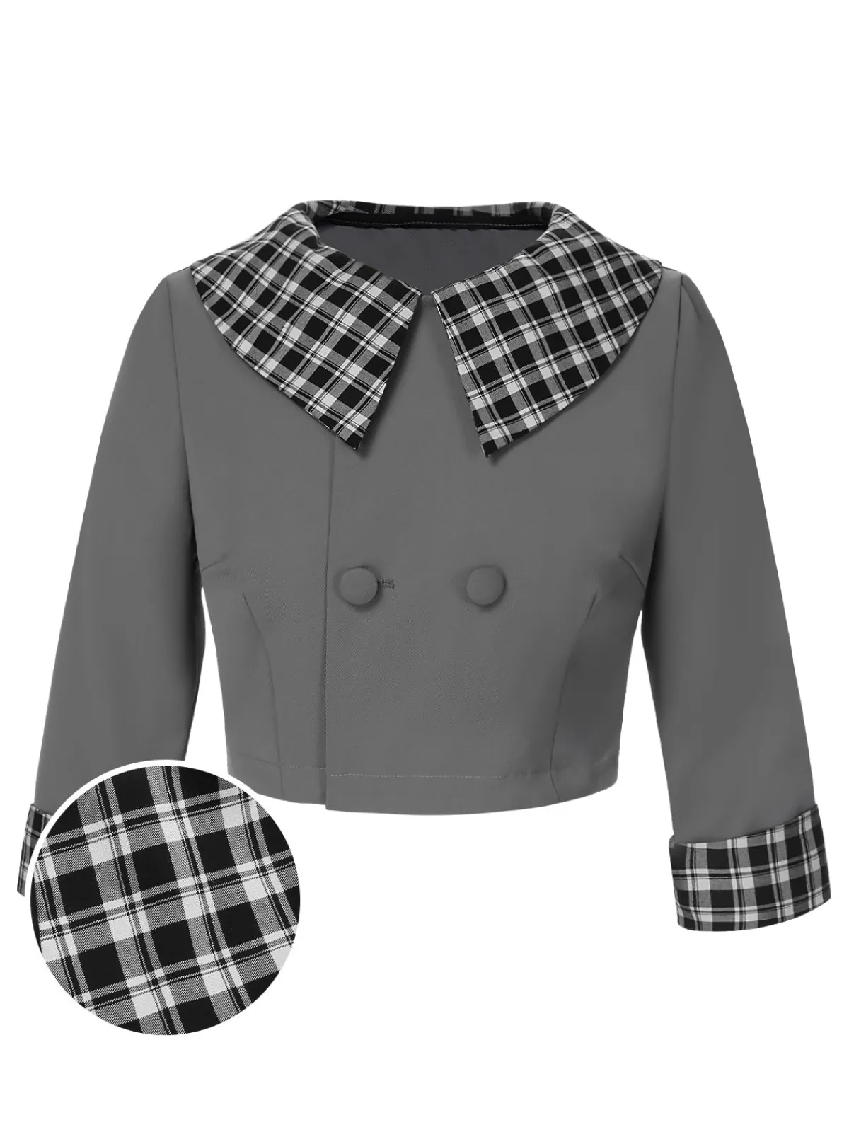 Sale Retro Stage 1950s Lapel Rolled Sleeve Plaid Short Coat Dark Gray