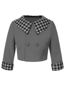 Sale Retro Stage 1950s Lapel Rolled Sleeve Plaid Short Coat Dark Gray