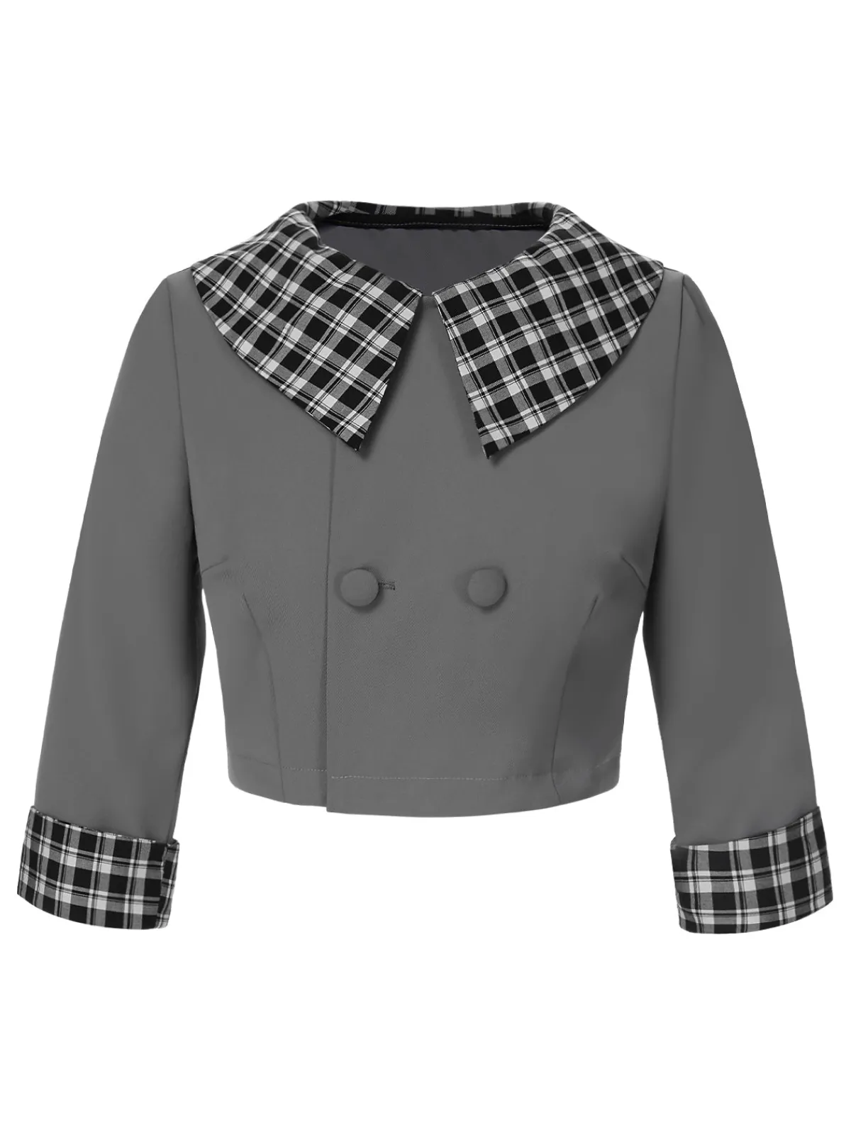 Sale Retro Stage 1950s Lapel Rolled Sleeve Plaid Short Coat Dark Gray