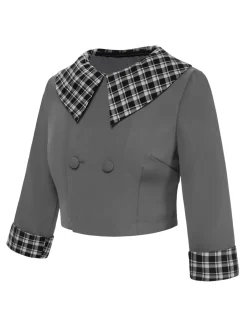 Sale Retro Stage 1950s Lapel Rolled Sleeve Plaid Short Coat Dark Gray
