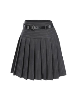 Hot Retro Stage Dark Gray 1960s Pinstripes Belted Pleated Skirt