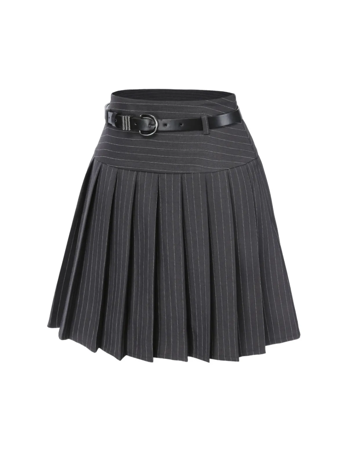 Hot Retro Stage Dark Gray 1960s Pinstripes Belted Pleated Skirt