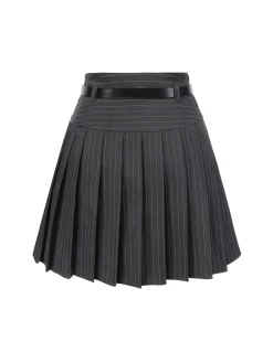 Hot Retro Stage Dark Gray 1960s Pinstripes Belted Pleated Skirt