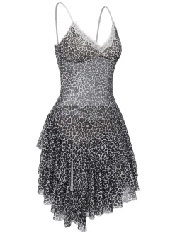 Discount Retro Stage 1960s Spaghetti Strap Lace Leopard Dress Dark Gray