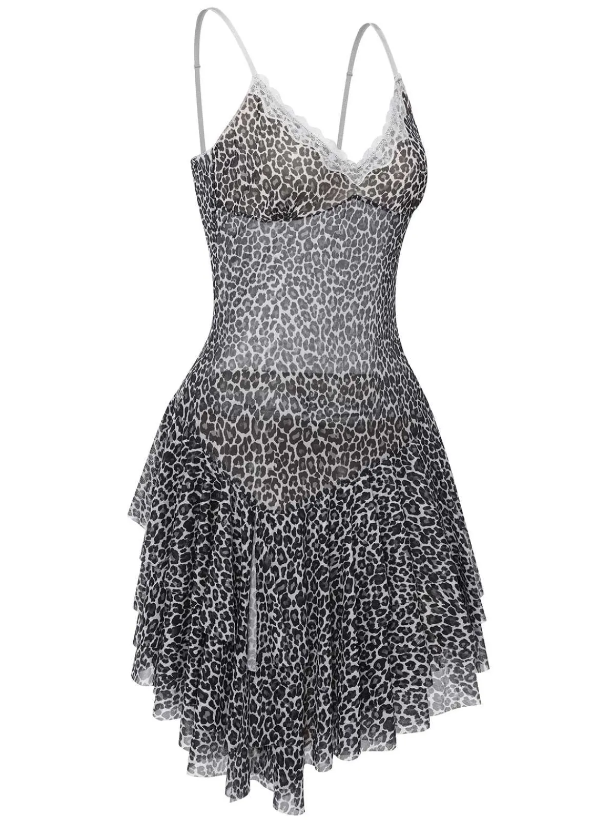 Discount Retro Stage 1960s Spaghetti Strap Lace Leopard Dress Dark Gray