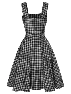 Best Retro Stage 1950s Strap Plaids Sleeveless Dress Dark Gray